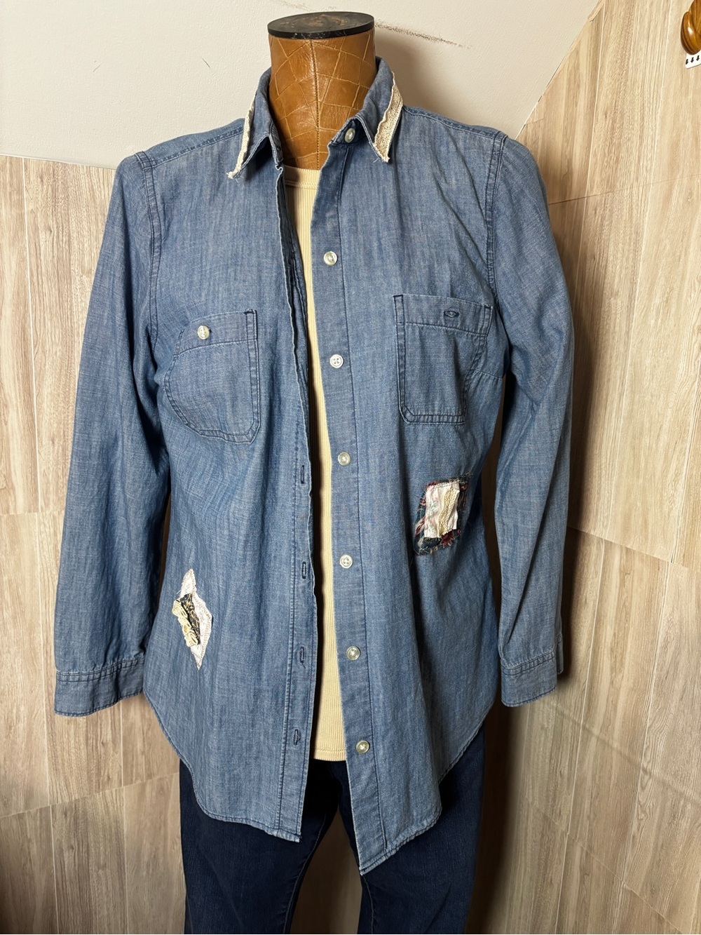 Upcycled Old Navy Button-Up Shirt Boho Cottagecore Patchwork Lace